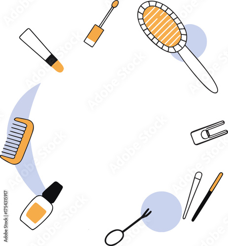 Cosmetics and Haircare Items Arranged in a Circle Beauty and Personal Grooming Essentials