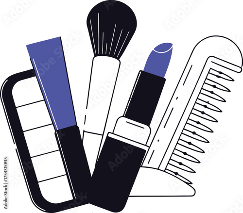 Cosmetics Icon Featuring Lipstick, Comb, Brush, and Cream in Elegant Blue Tones