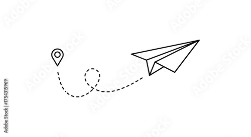 Simple hand drawn outline silhouette of a paper airplane flying along a dotted line path from a location pin silhouette