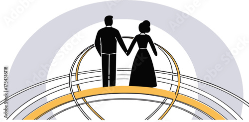 Romantic Couple Standing on a Bridge with a Circular Design