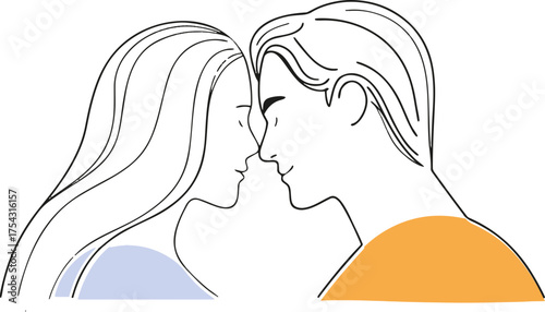 Couple in love, a tender moment depicted in line art, facing each other