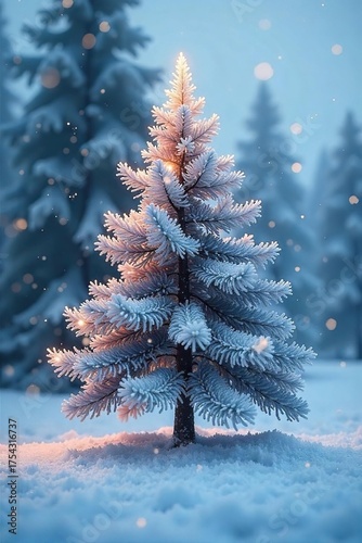 Serene Winter Solitude A Frosted Christmas Tree stands alone in a snowy landscape, its icy branches reflecting the cold winter light, evoking a sense of peaceful isolation.