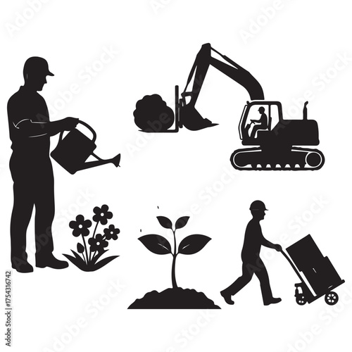 Monochromatic Silhouettes Illustrating Labor, Nature, and Industry on White