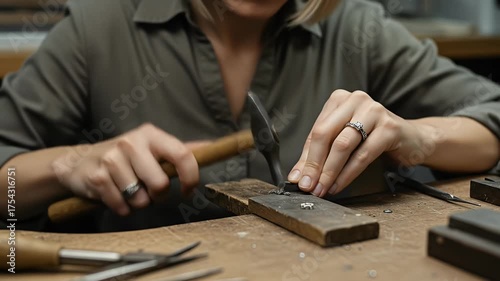 Realistic video of a jeweler crafting jewelry with hammer and tools