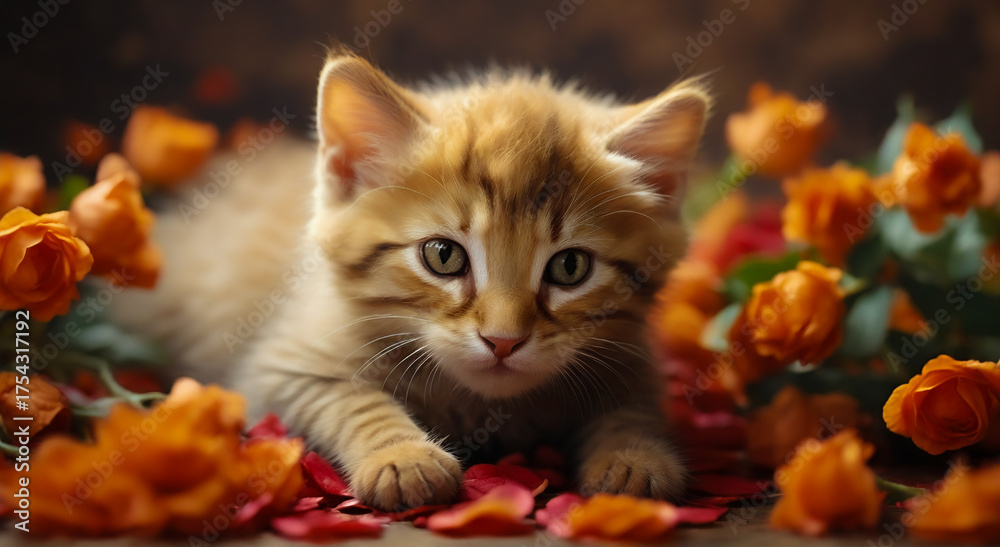 Fototapeta premium Tabby kitten surrounded by orange roses and petals. Adorable brown and orange striped kitten. Small kitten in warm floral setting with soft focus background.