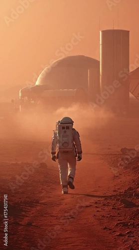 Astronaut on Mars Walking on the Exploring Expedition. In the Background His Base/ Research Station. First Manned Mission To Mars