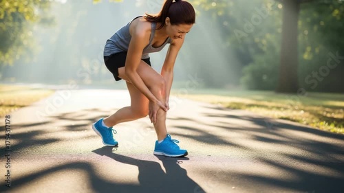 Woman experiencing leg pain while running on a path in a park on a sunny day