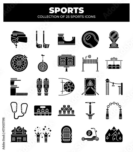 Collection of 25 Sports Icons. Sport Equipment. Games. and Fitness Activities