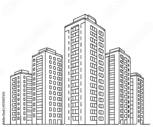 line sketch doodles high-rise building living complex on white background