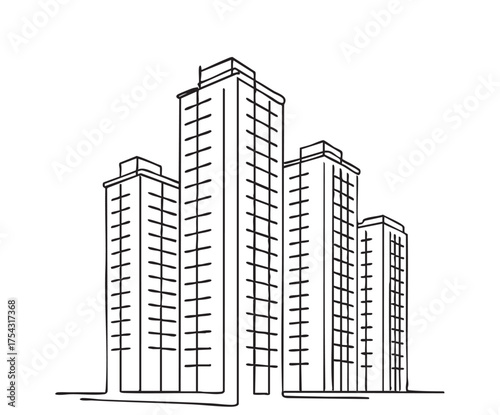 line sketch doodles high-rise building living complex on white background