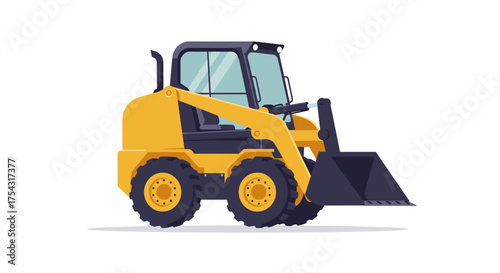 Compact yellow skid steer loader with front bucket. Vector illustration of heavy equipment for the construction industry, isolated on white