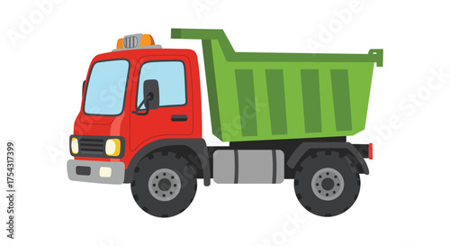 A vibrant red and green dump truck illustrated in a bold graphic silhouette style on a white background