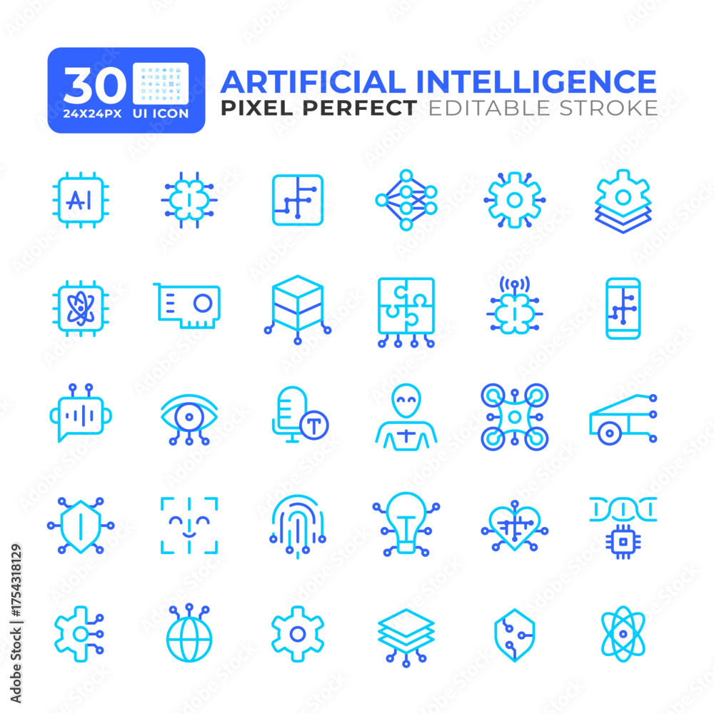 Obraz premium Artificial intelligence colorful line ui icons set. Data processing, management. Cloud infrastructure. Isolated vector duotone linear symbols pack. User interface elements, pixel perfect