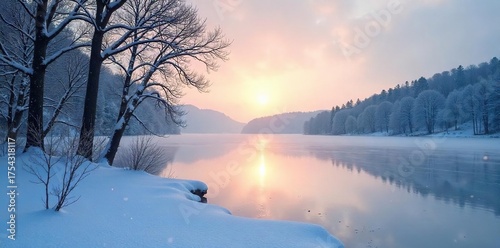Serene Winter Lake Stark Trees Silhouetted Against a Pale Sky, Reflecting the Glacial Beauty of a Frozen Landscape. Perfect for Winter, Nature, and Minimalist Designs.