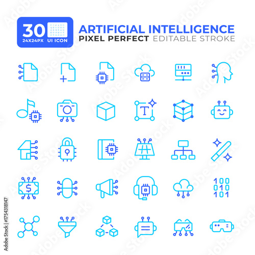 Artificial intelligence colorful line ui icons set. Cybersecurity, privacy. Data processing, analytics. Isolated vector duotone linear symbols pack. User interface elements, pixel perfect