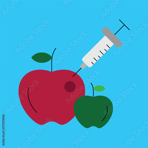 Illustrative portrayal of genetic engineering in agriculture, featuring a syringe introducing modifications to a vibrant red apple, symbolizing food innovation and scientific intervention