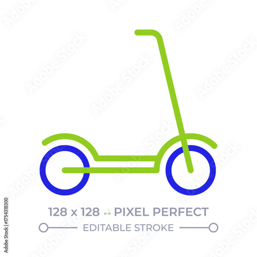 Kick scooter pixel perfect two color line icon. Electric scooter sharing. Human powered vehicle. Ecology care bicolor outline symbol. Duotone linear pictogram. Isolated illustration. Editable stroke
