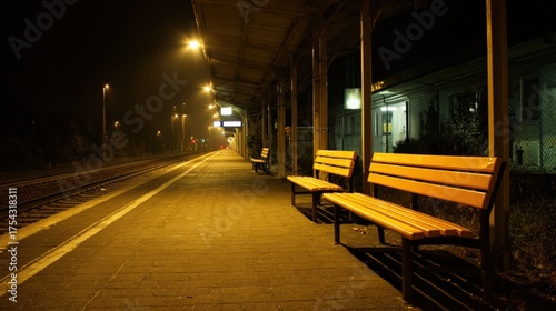 Empty train station platform at night with benches and street lighting