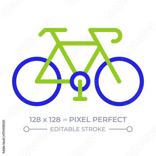 Bicycle pixel perfect two color line icon. Two wheeled vehicle pedaled by rider. Bike for active lifestyle bicolor outline symbol. Duotone linear pictogram. Isolated illustration. Editable stroke