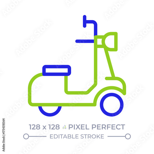 Motor scooter pixel perfect two color line icon. Motorcycle with step through frame. Comfortable vehicle bicolor outline symbol. Duotone linear pictogram. Isolated illustration. Editable stroke