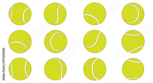 Collection of bright yellow tennis ball silhouettes in various angles and perspectives on a white background silhouette