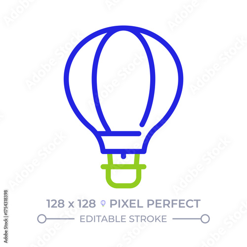 Hot air balloon pixel perfect two color line icon. Romantic vintage aircraft. Old fashioned travel bicolor outline symbol. Duotone linear pictogram. Isolated illustration. Editable stroke