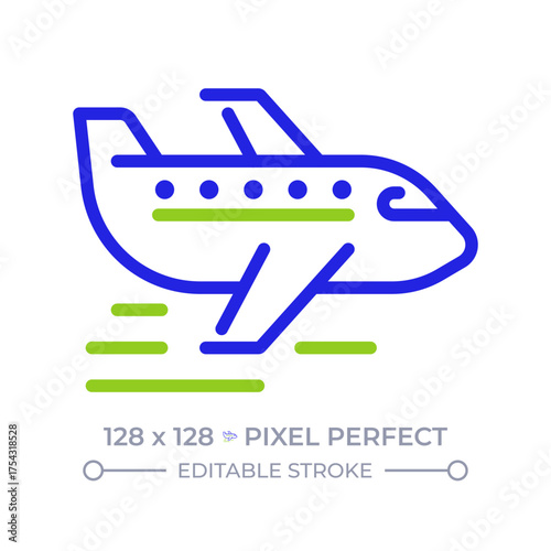 Airplane pixel perfect two color line icon. Passenger plane flying in sky. Modern aircraft. Travelling by air bicolor outline symbol. Duotone linear pictogram. Isolated illustration. Editable stroke