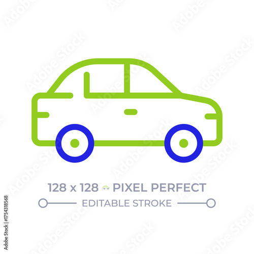 Car pixel perfect two color line icon. Driving automobile. Comfortable personal vehicle. Transportation freedom bicolor outline symbol. Duotone linear pictogram. Isolated illustration. Editable stroke