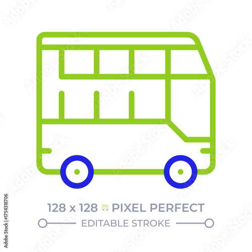 Double decker bus pixel perfect two color line icon. Two level vehicle carry more passengers. Transportation bicolor outline symbol. Duotone linear pictogram. Isolated illustration. Editable stroke