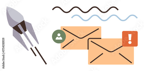 Rocket launching alongside envelopes with user icon and alert mark, wavy lines above. Ideal for messaging, communication, notification, email management, alert handling, productivity, digital tools