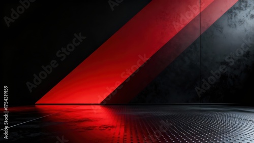 Dramatic red diagonal light stripes illuminate a dark, textured industrial room