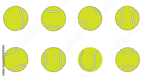 Eight bright yellow tennis balls in a silhouette style arranged in two rows on a white background