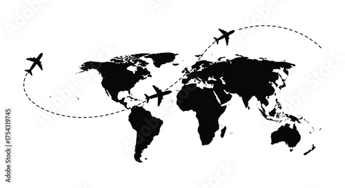 Global travel and transportation concept illustrated with a world map silhouette and airplanes flying on dotted paths silhouette