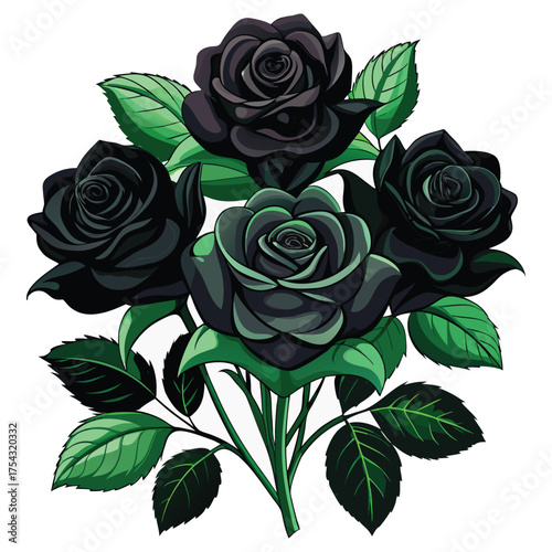 Black Rose Bouquet Illustration,Elegant Dark Roses with Green Leaves, Gothic Floral Art,Black Rose vector,Black Rose design, Black Rose concept,Black Rose cartoon,Black Rose icon, Black Rose template,