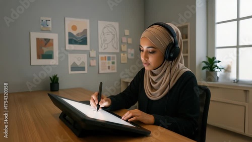A Muslim digital artist in a headset and turban-style hijab is working on a digital drawing tablet at her desk, glowing screen, clean studio with posters and inspiration boards, modern creative worksp