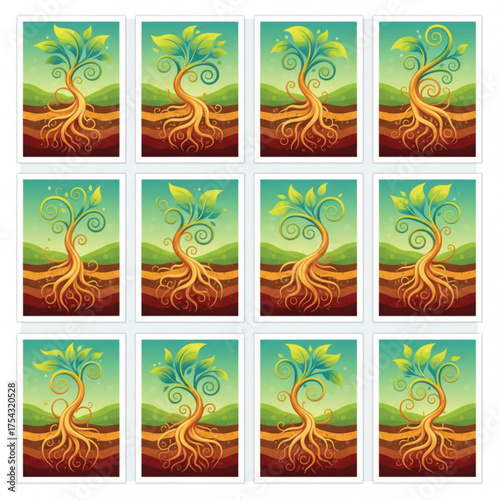 Set of Whimsical Fantasy Tree Illustrations with Exposed Roots and Layered Soil