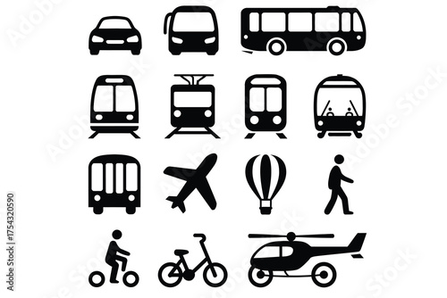 Transportation icons set with car, bus, tram, train, airplane, hot air balloon, pedestrian, bicycle, scooter and helicopter in solid black style