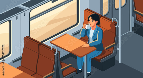 A woman enjoys a peaceful moment with a hot beverage during her daily train commute, an isometric vector illustration of travel