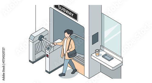 Isometric illustration of a woman commuting through a modern subway station turnstile, representing urban public transportation