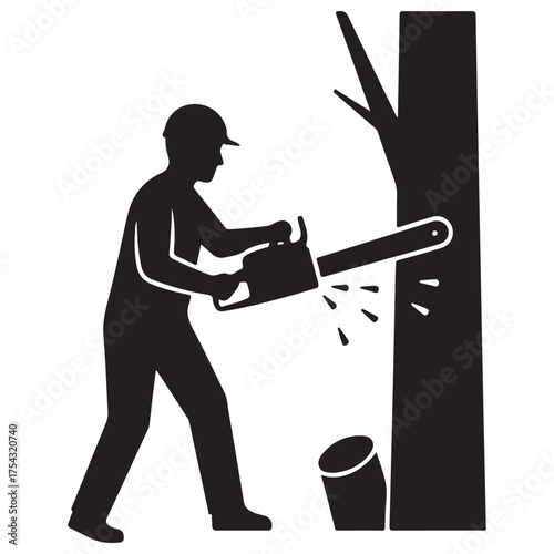 Black Silhouette Icon: Lumberjack Cutting Tree with Chainsaw