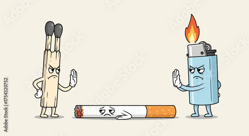Creative anti-smoking concept showing cartoon matches and a lighter making a stop gesture to a dejected cigarette, illustrating the decision to quit