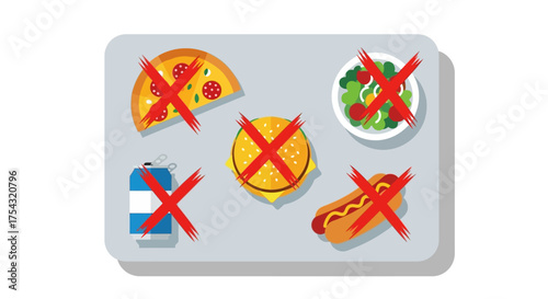 Dietary concept illustration showing a collection of unhealthy fast food items like pizza and burgers crossed out, symbolizing a choice for a healthier lifestyle