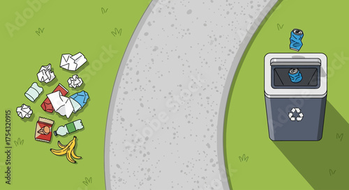 Vector illustration showing the contrast between environmental pollution with litter on the ground and proper waste management in a recycling bin