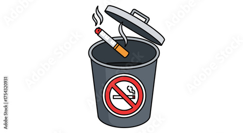 Conceptual illustration of quitting smoking, with a lit cigarette thrown into a trash can featuring a no smoking sign, representing a healthier lifestyle