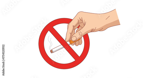 Vector icon of a hand with a lighter and cigarette inside a red prohibition symbol, representing the concept of quitting smoking and tobacco control
