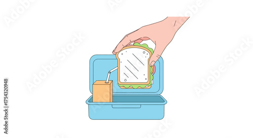 Hand placing a homemade sandwich and juice carton into a lunch container. Simple vector illustration about meal planning and healthy eating habits