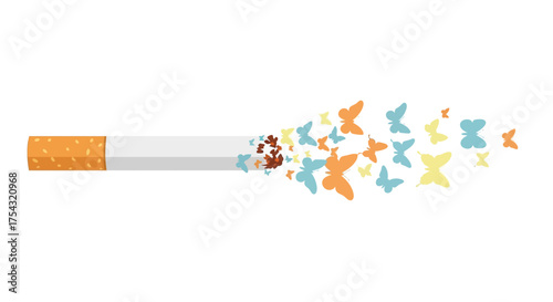 A cigarette transforms into a flight of colorful butterflies, a powerful visual metaphor for quitting smoking, finding freedom, and starting a new healthy life