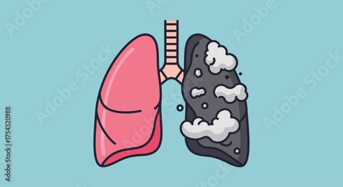 A striking comparison of a healthy, pink lung versus a diseased, blackened lung, illustrating the severe effects of smoking and pollution on respiratory health