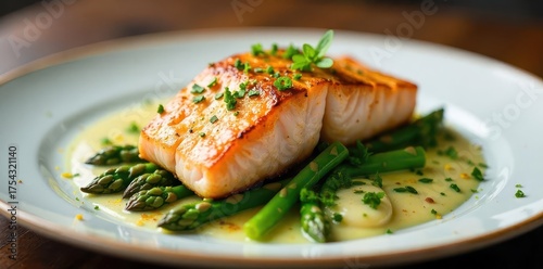 A Perfectly Cooked Salmon Fillet Crowned with Fresh Herbs Served Alongside Tender Asparagus Spears Drizzled in a Rich Creamy Sauce