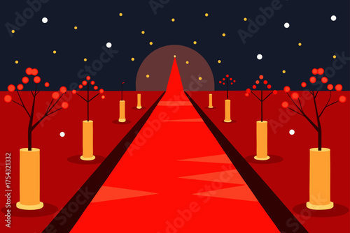 Red carpet leading to a moonlit horizon